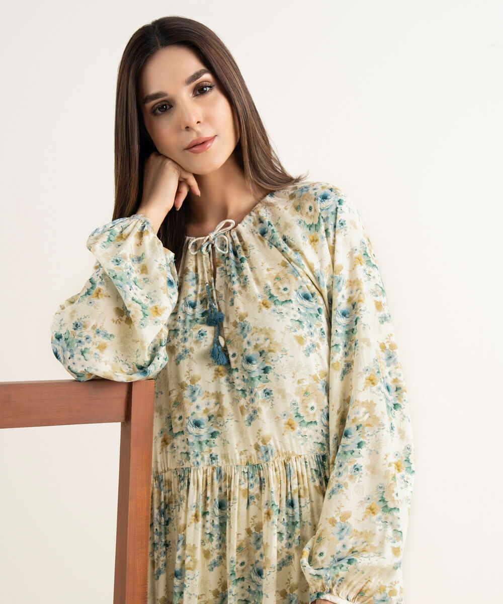 Women's RTW Arabic Lawn Beige Printed A-Line Shirt
