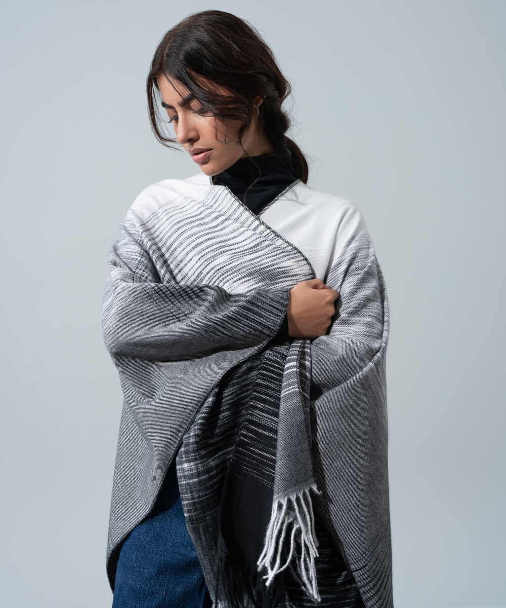Women's Western Wear White And Grey Polyester Cape Shawl