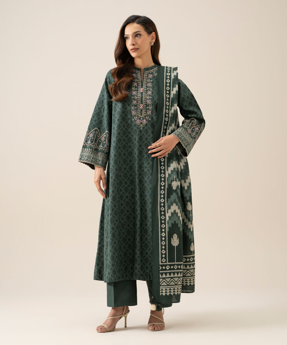 Women's Unstitched Light Khaddar Embroidered Green 3 Piece Suit