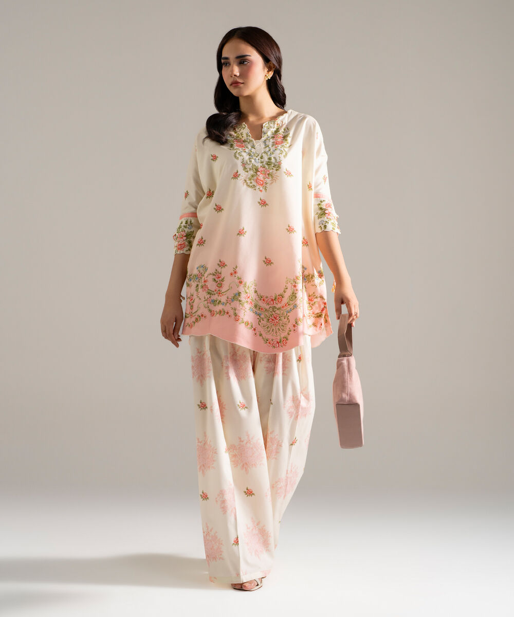 Women's RTW Cotton Viscose Printed Off White 2 Piece Suit