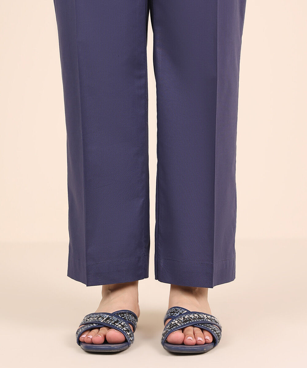 Women's RTW Cambric Blue Solid Straight Pants