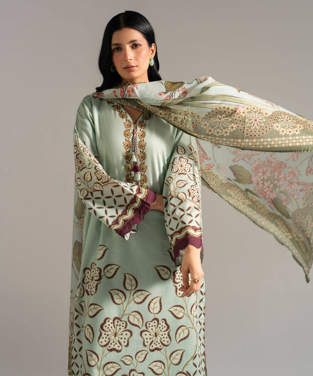Women's RTW Slub Lawn Printed Green 3 Piece Suit