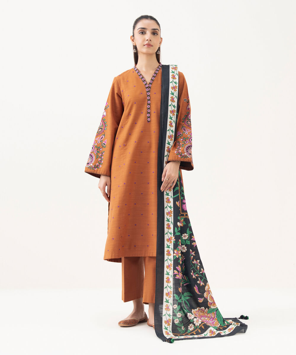 Women's Unstitched Khaddar Embroidered Orange 3 Piece Suit