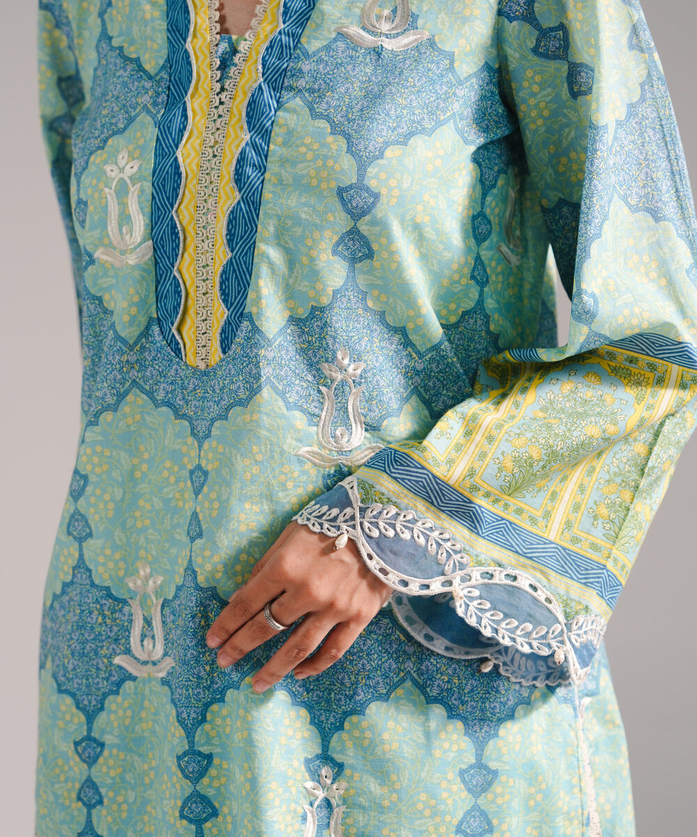 Women's RTW Slub Lawn Embroidered Straight Blue Shirt