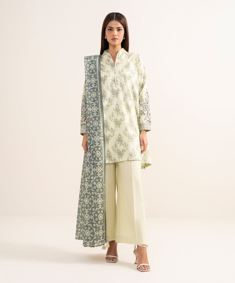Women's Unstitched Lawn Embroidered Green 3 Piece Suit