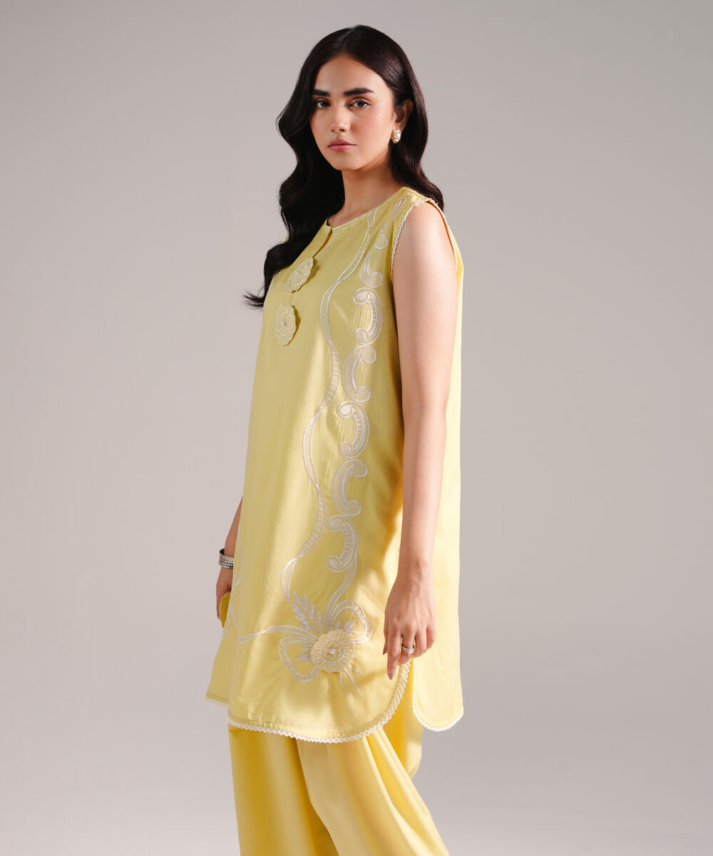 Women's RTW Slub Lawn Embroidered Lime Yellow Straight Shirt