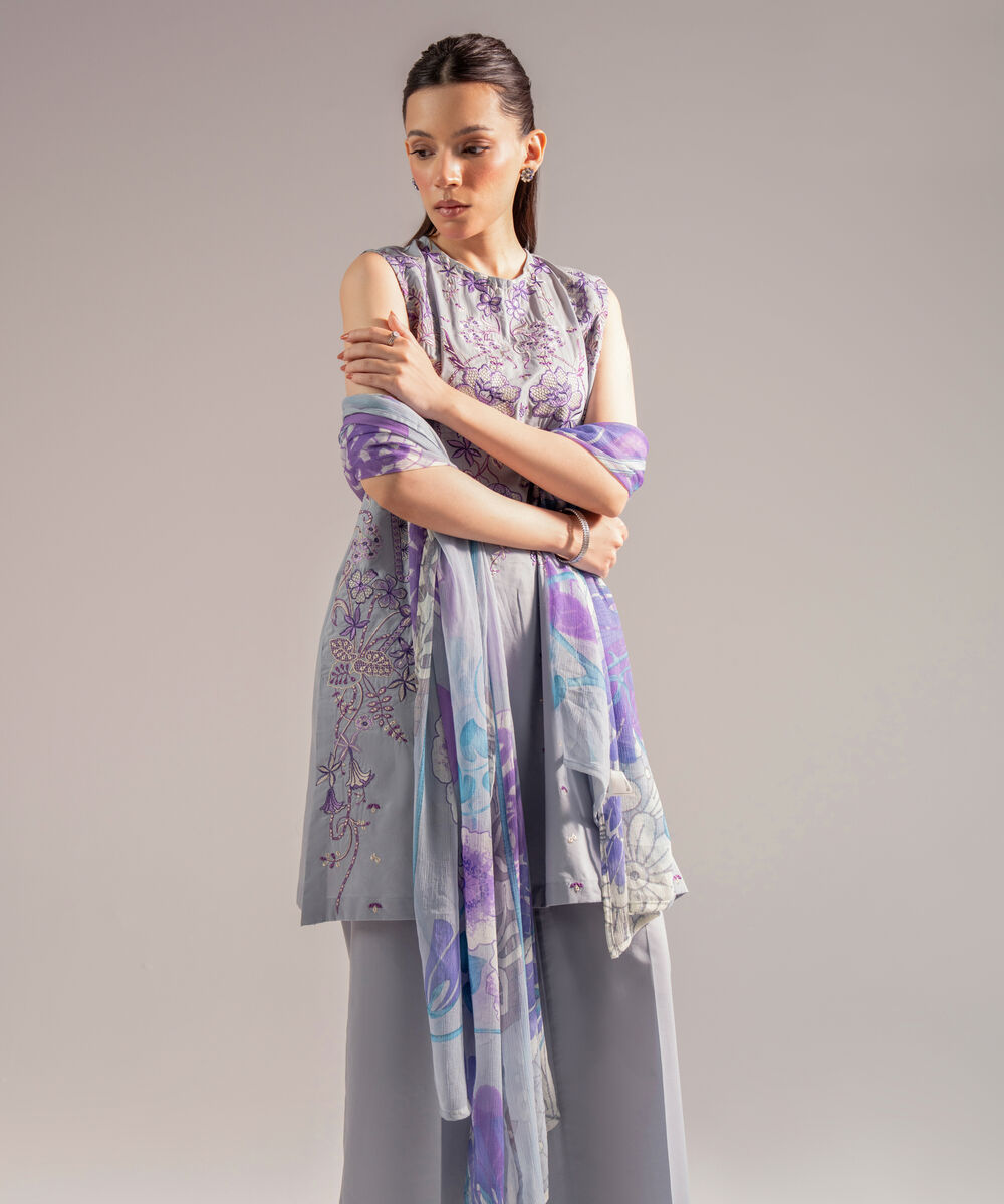 Women's RTW Cambric Embroidered Grey 3 Piece Suit