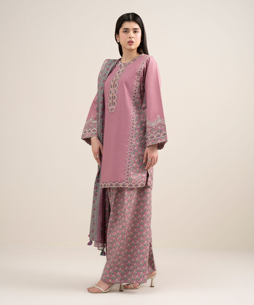 Women's Unstitched Textured Lawn Embroidered Pink 3 Piece Suit