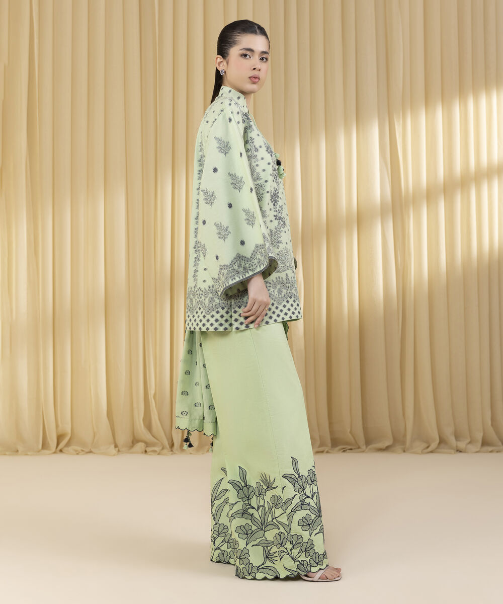 Unstitched Women's Green Extra Weft Jacquard 3 Piece Suit