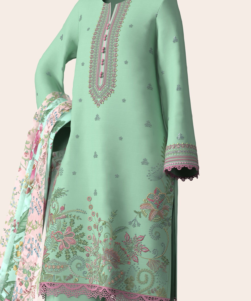 Women's Unstitched Self Jacquard Sea Green  Embroidered 3 Piece Suit