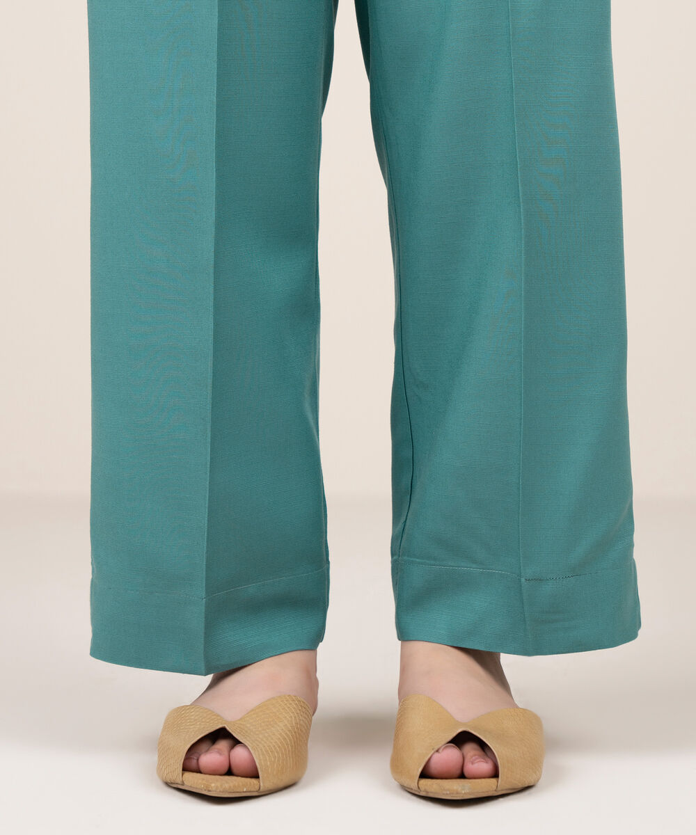 Women's RTW Herringbone Solid Teal Straight Pants