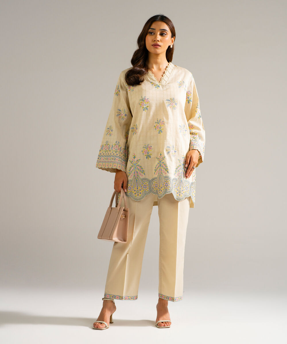 Women's RTW Dobby Embroidered Beige Straight Shirt