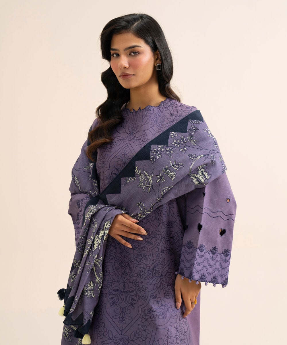 Women's Unstitched Light Khaddar Embroidered Purple 3 Piece Suit
