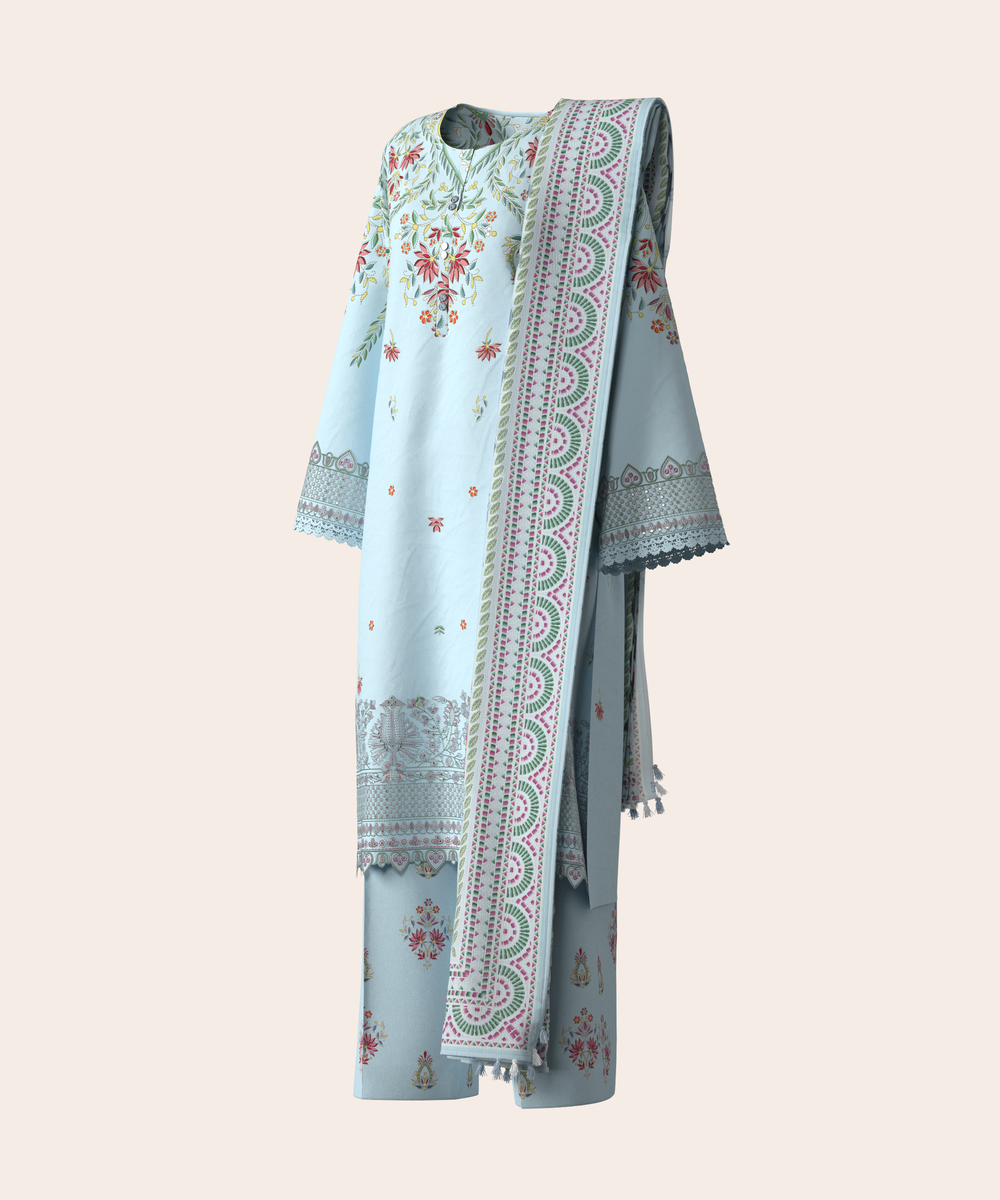 Women's Unstitched Lawn Blue  Embroidered 3 Piece Suit