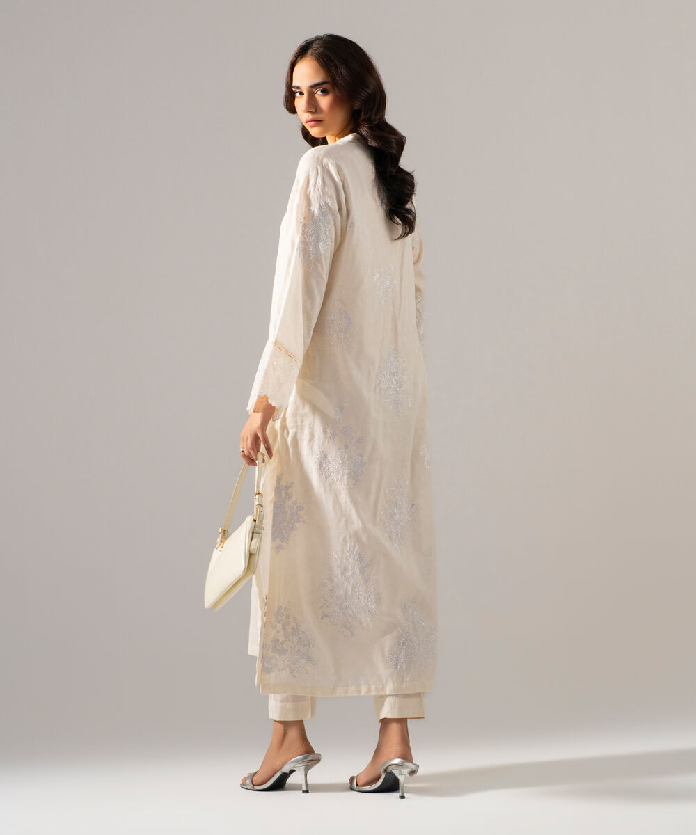 Women's RTW Self Jacquard Solid Embroidered Off White 2 Piece Suit