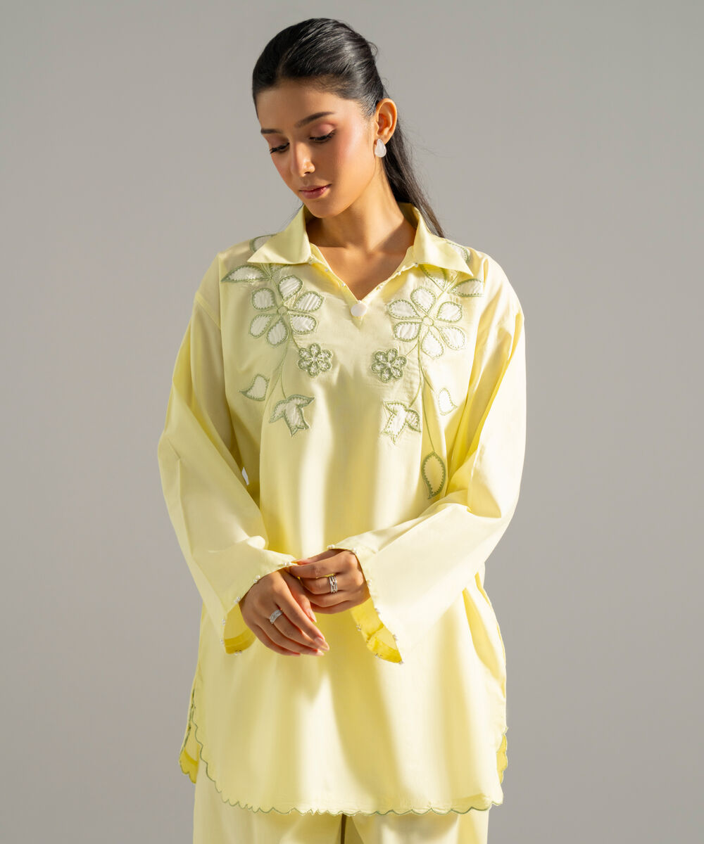 Women's RTW Lawn Solid Embroidered Pale Yellow 2 Piece Suit