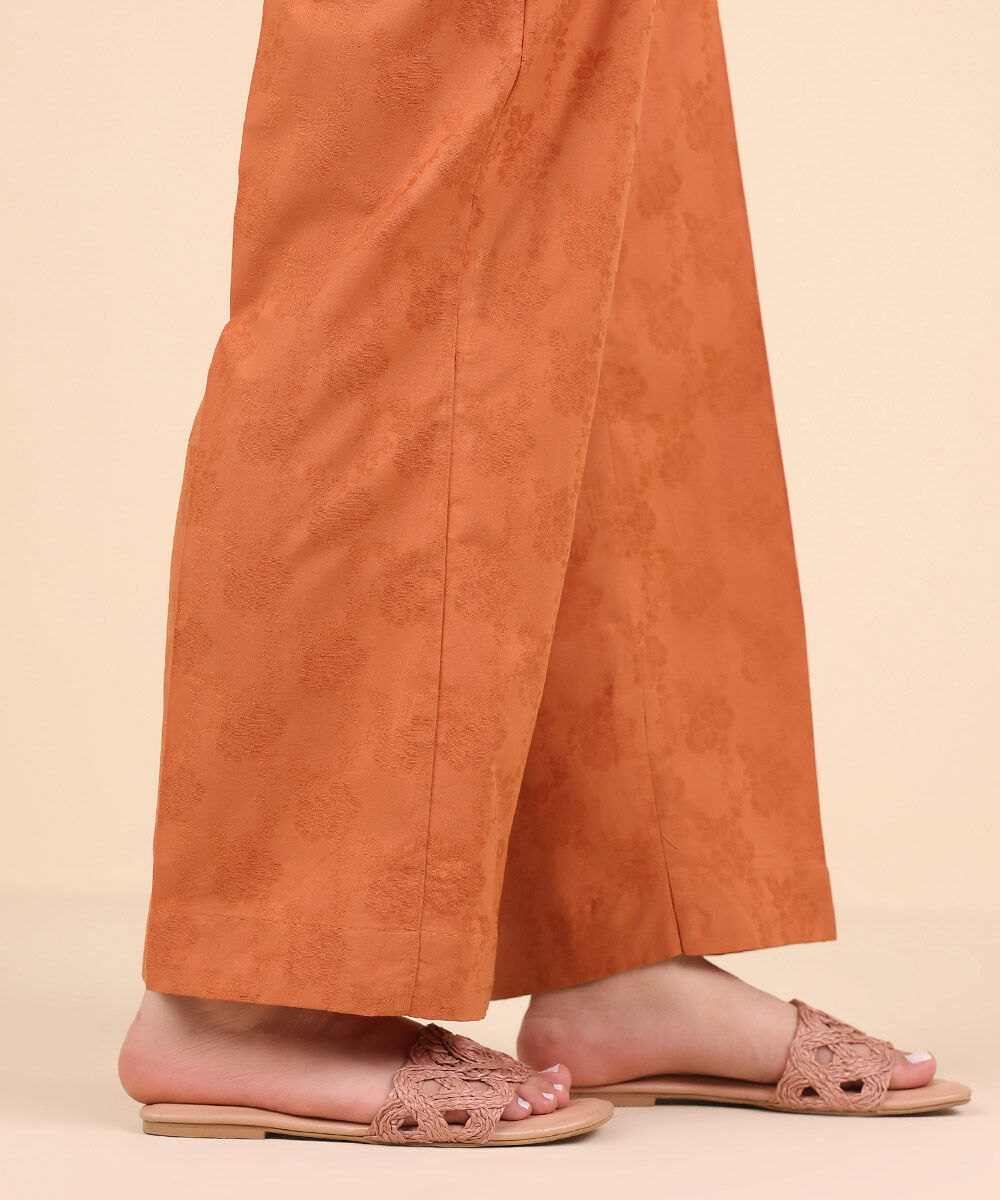Women's Pret Yarn Dyed Orange Solid Straight Pants