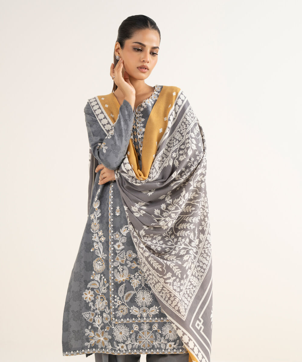 Women's Unstitched Cotton Jacquard Embroidered Grey 3 Piece Suit