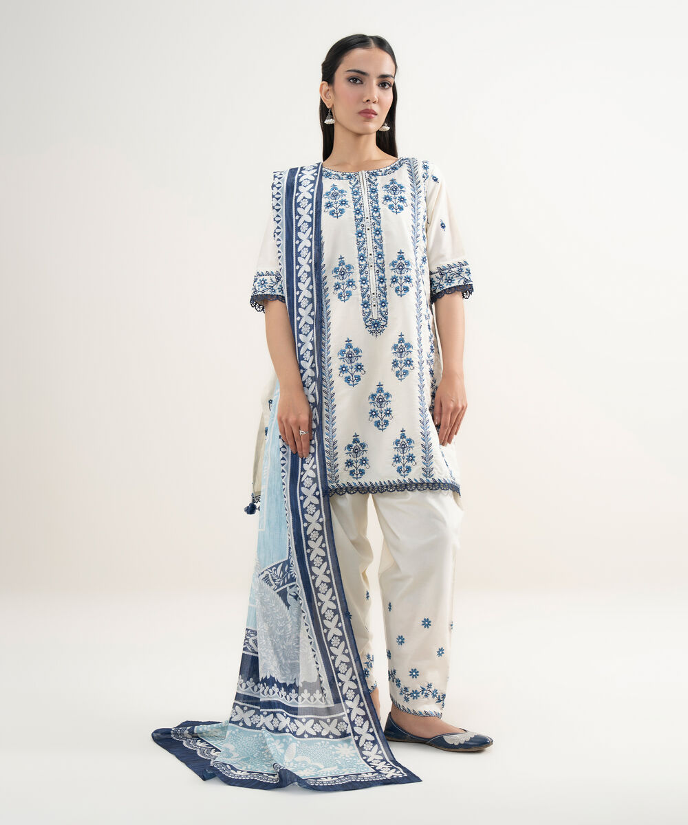 Women's RTW Zari Cotton Embroidered Blue 3 Piece Suit