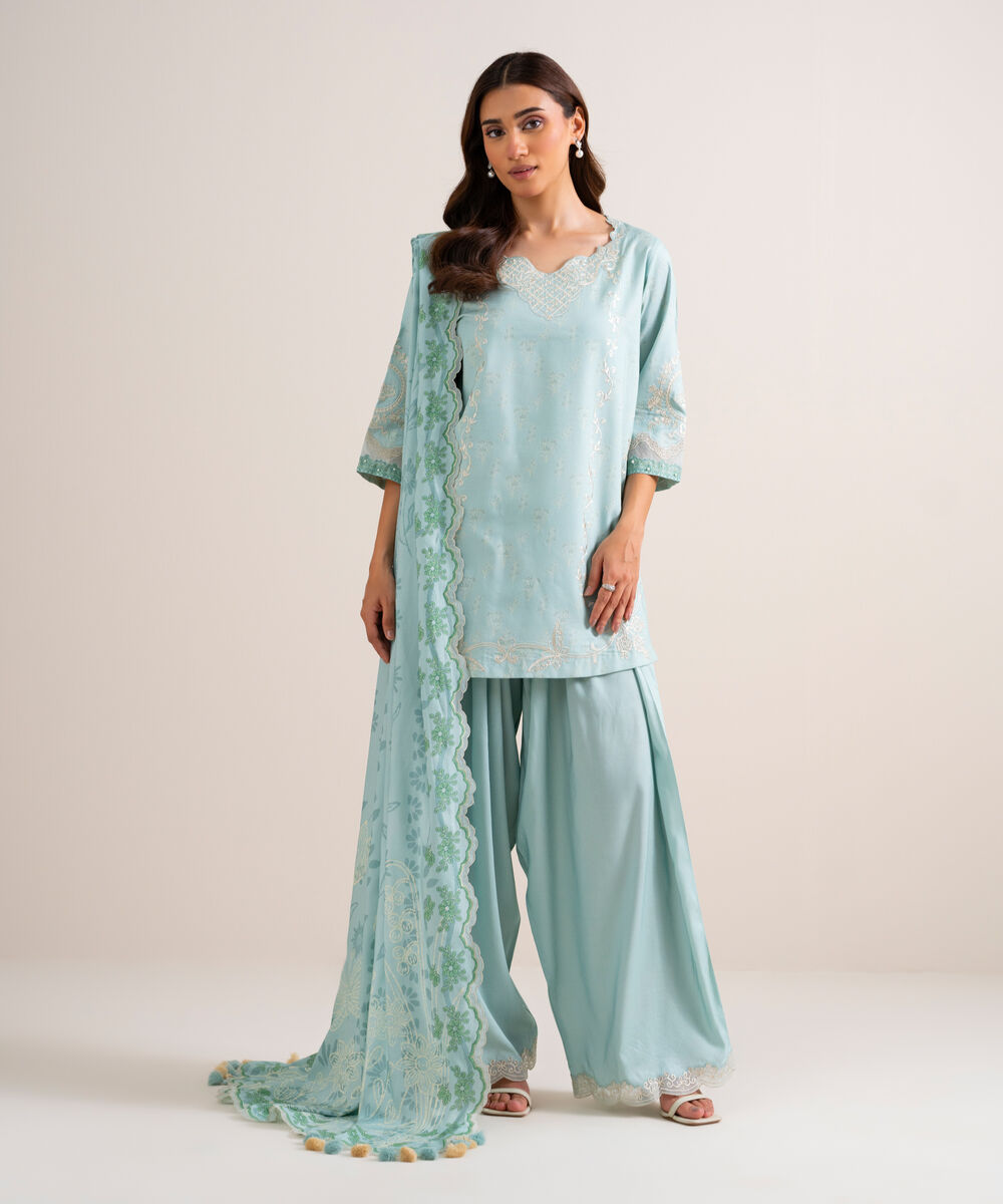 Women's Unstitched Embroidered Linen Light Aqua 3 Piece Suit