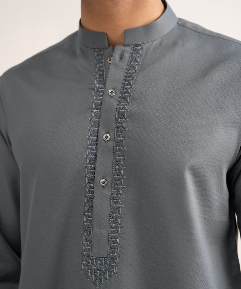 Men'S Stitched Metal Grey Cotton Jacquard Kurta