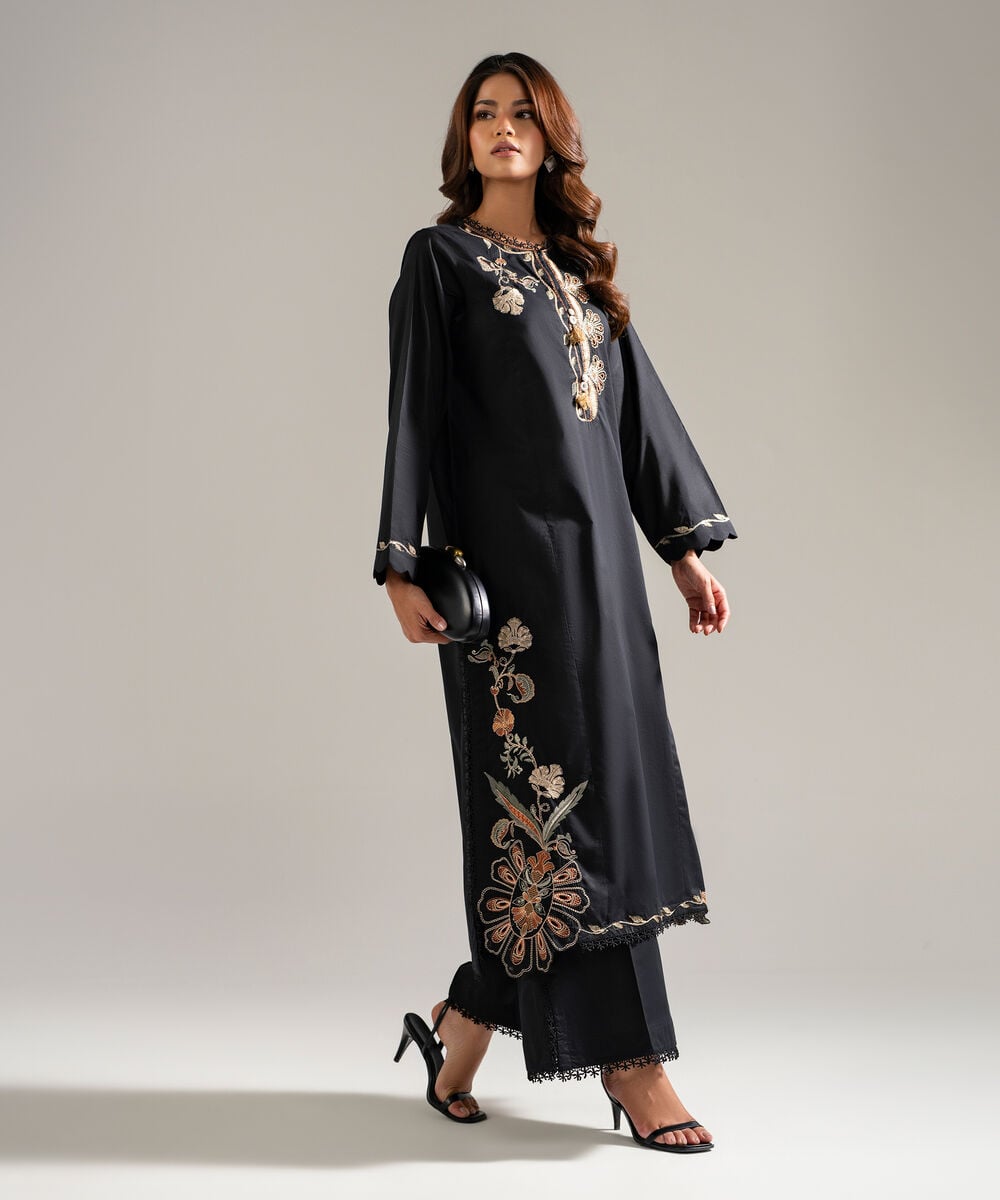 Women's RTW Lawn Embroidered Black 2 Piece Suit