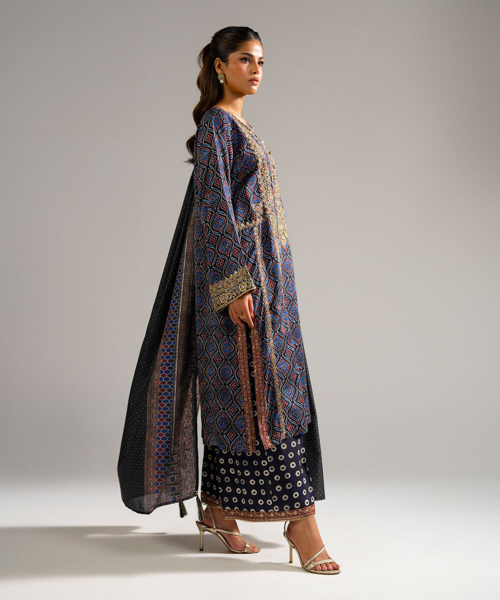 Women's RTW Bright Raw Silk Embroidered Black 3 Piece Suit