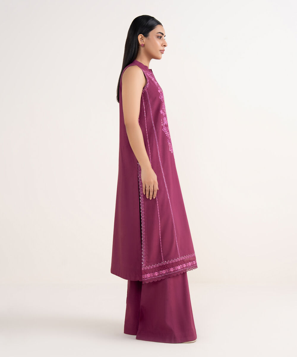 Women's Unstitched Linen Embroidered Pink 3 Piece Suit