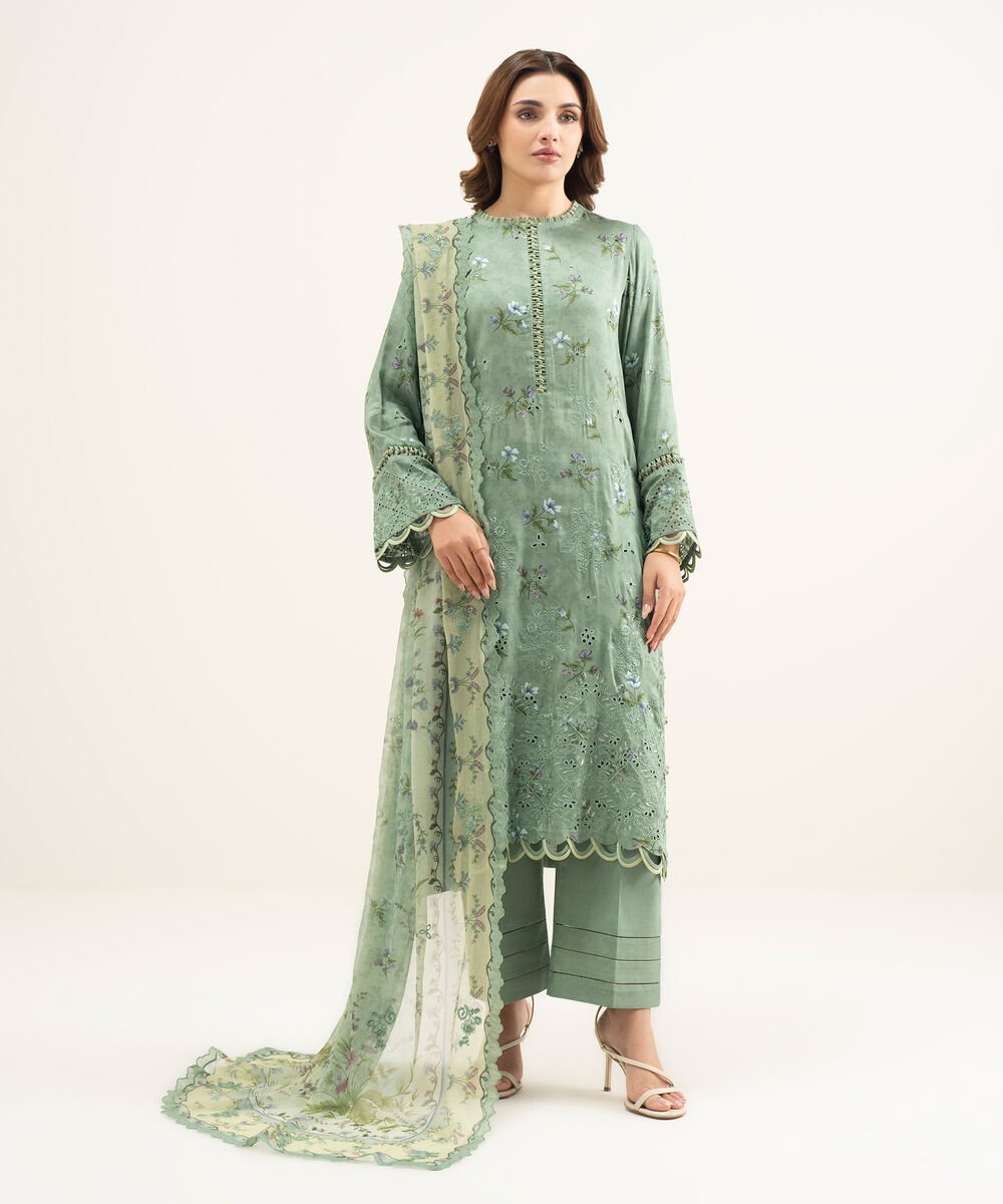 Women's Unstitched Viscose Satin Green Embroidered 3 Piece Suit