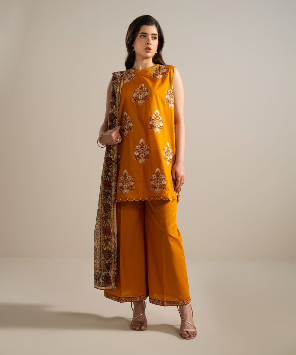 Women's RTW Dobby Embroidered Beige 3 Piece Suit