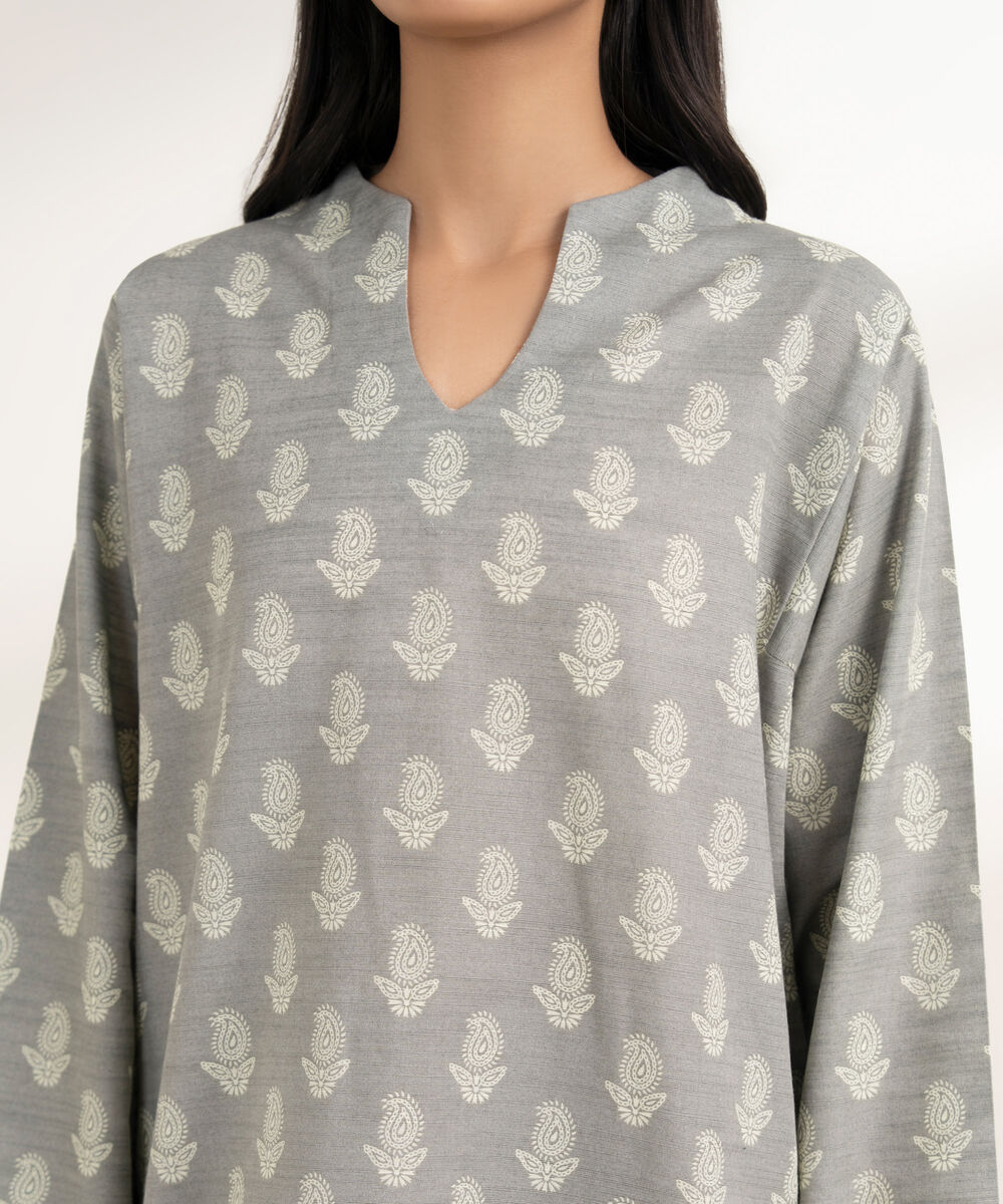 Women's RTW Khaddar Printed Grey 3 Piece Suit