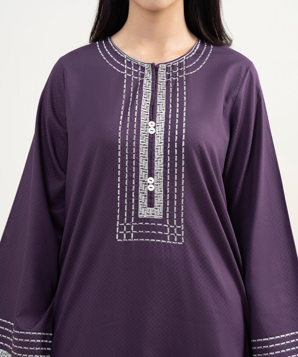 Women's RTW Dobby Embroidered Purple A-Line Shirt