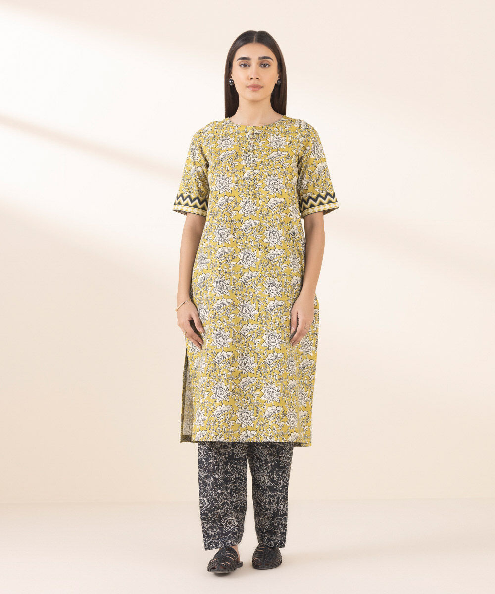 Women's Unstitched Yellow Cotton 2 Piece Suit