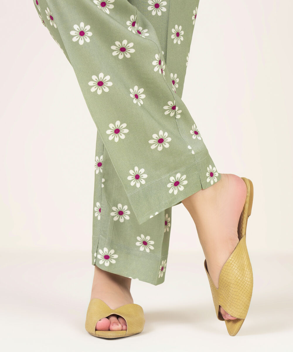 Women's RTW Viscose Linen Printed Olive Green Straight Pants