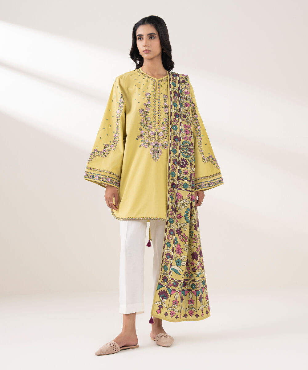 Women's RTW Cotton Embroidered Yellow 2 Piece Suit