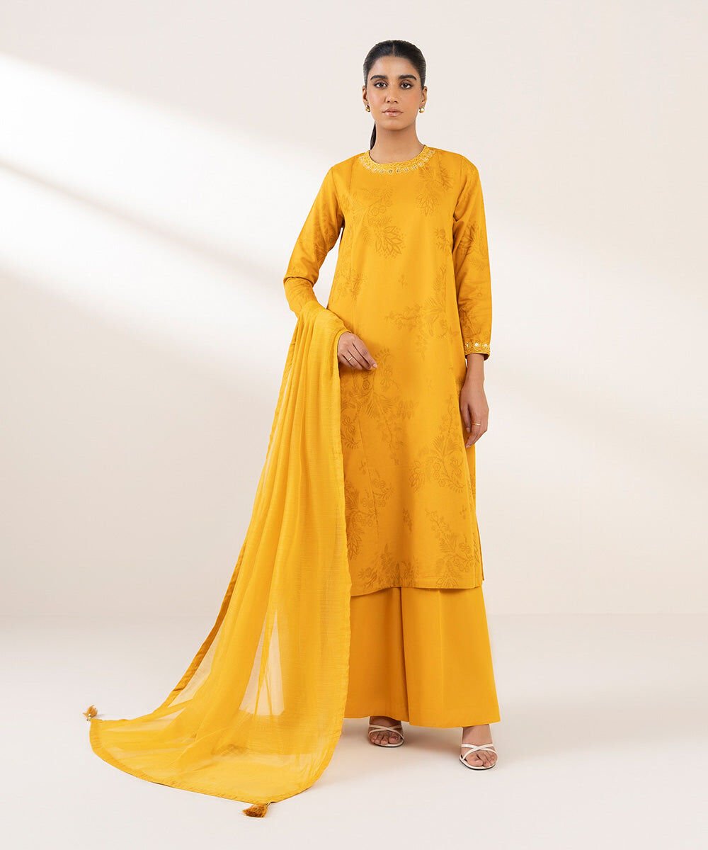 Woman - Yellow Embroidered Cotton Jacquard Shirt