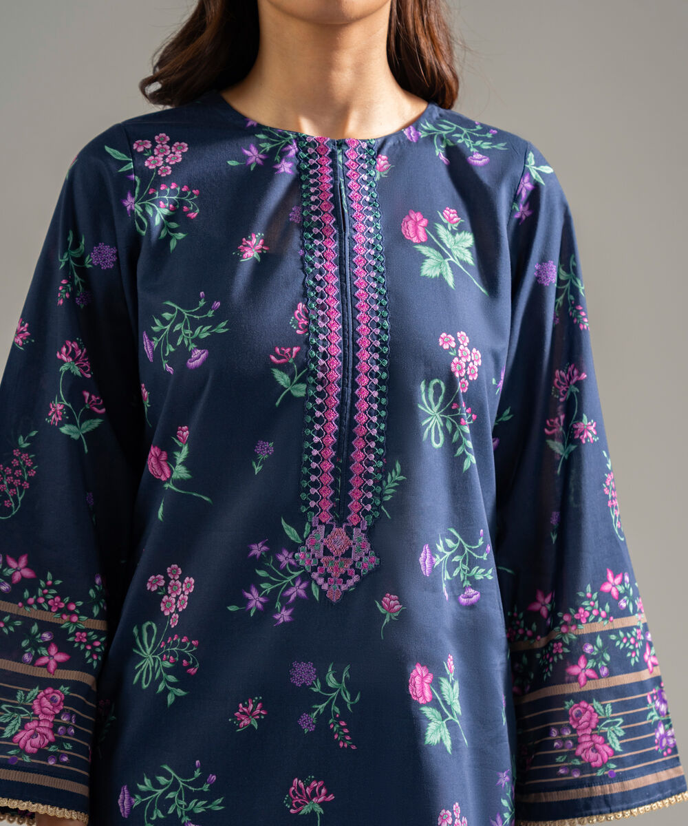 Women's RTW Cambric Embroidered Dark Blue 2 Piece Suit