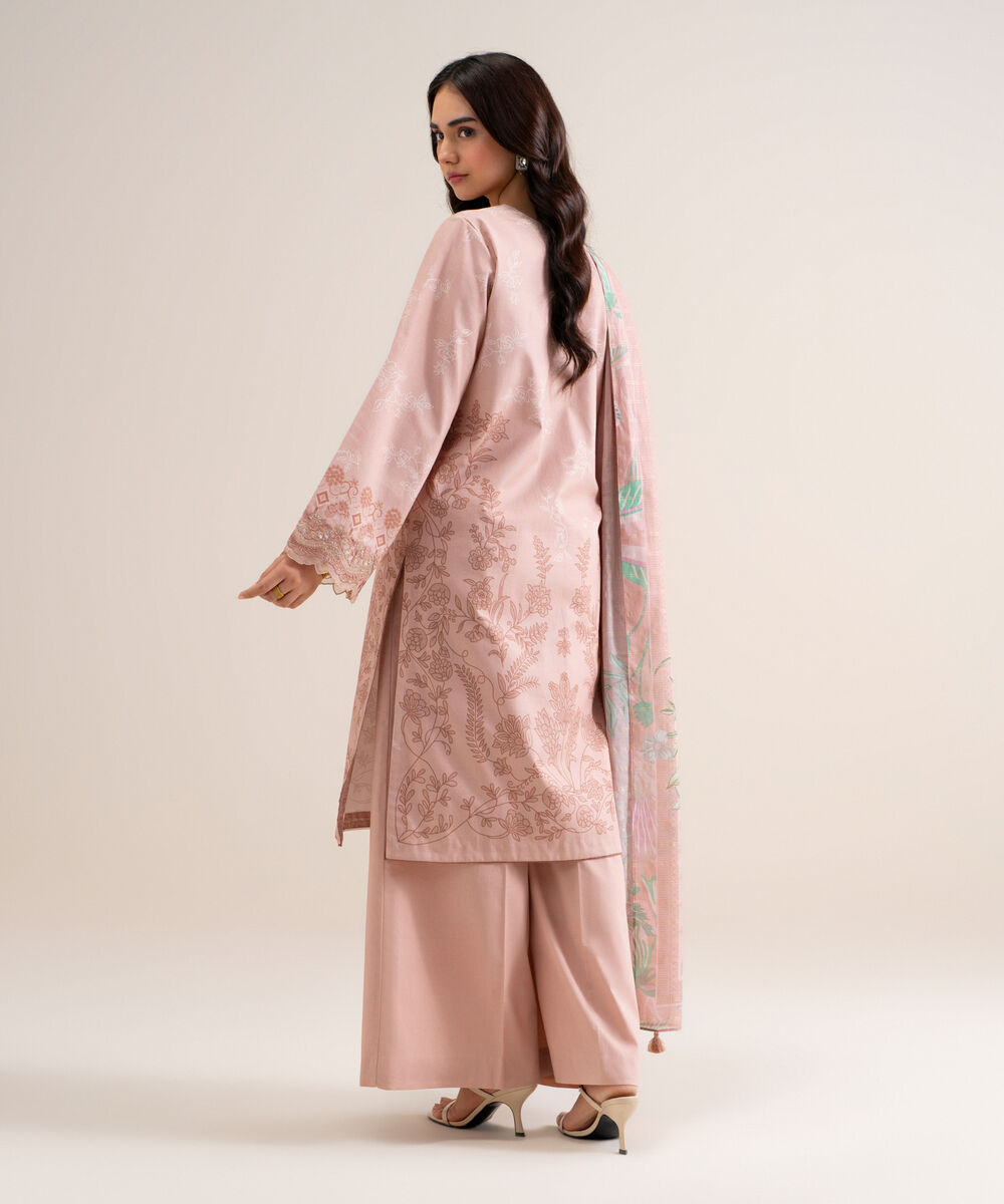 Women's Unstitched Embroidered Cotton Tea Pink 3 Piece Suit
