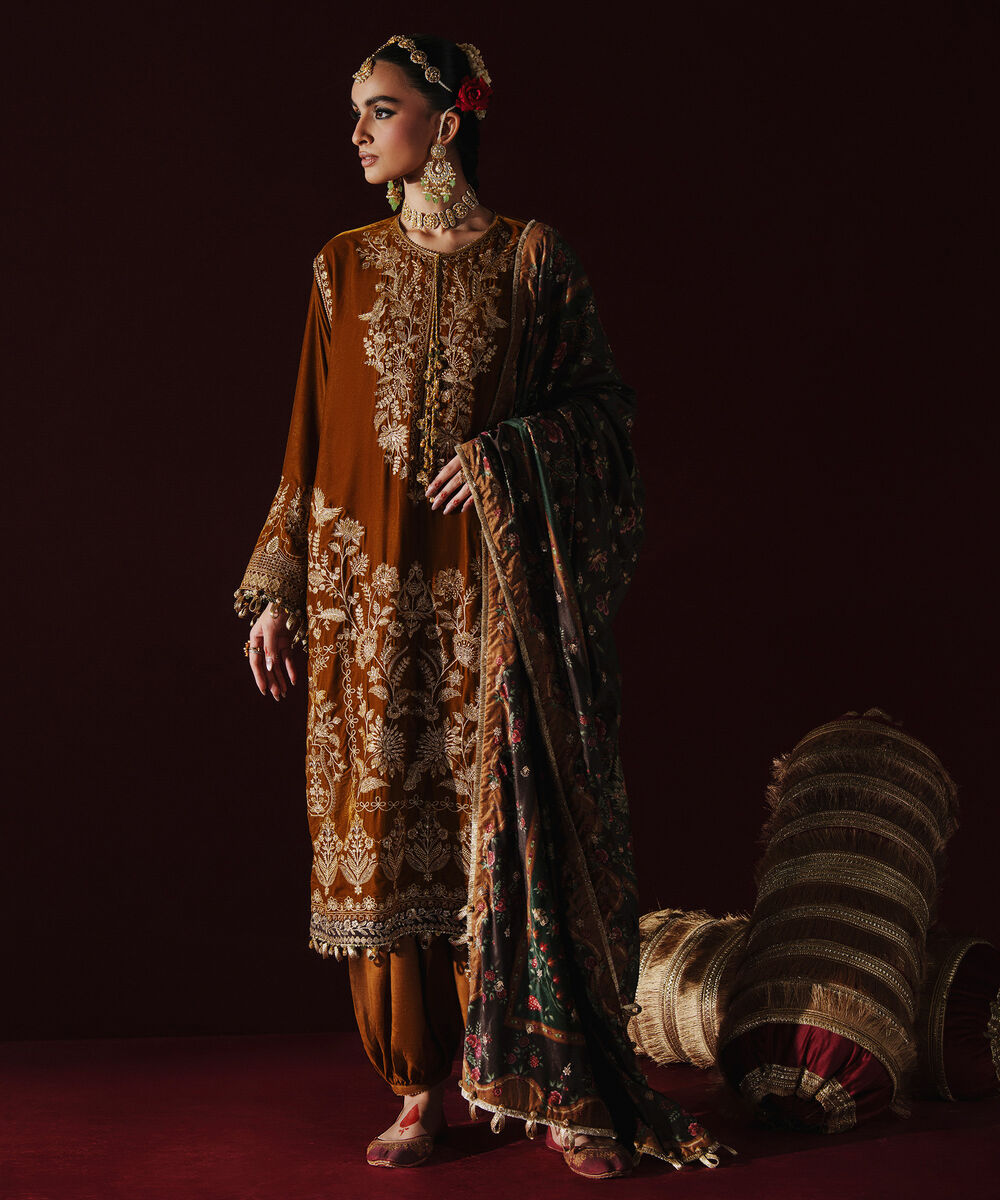 Women's Unstitched Embroidered Velvet Brown 3 Piece Suit