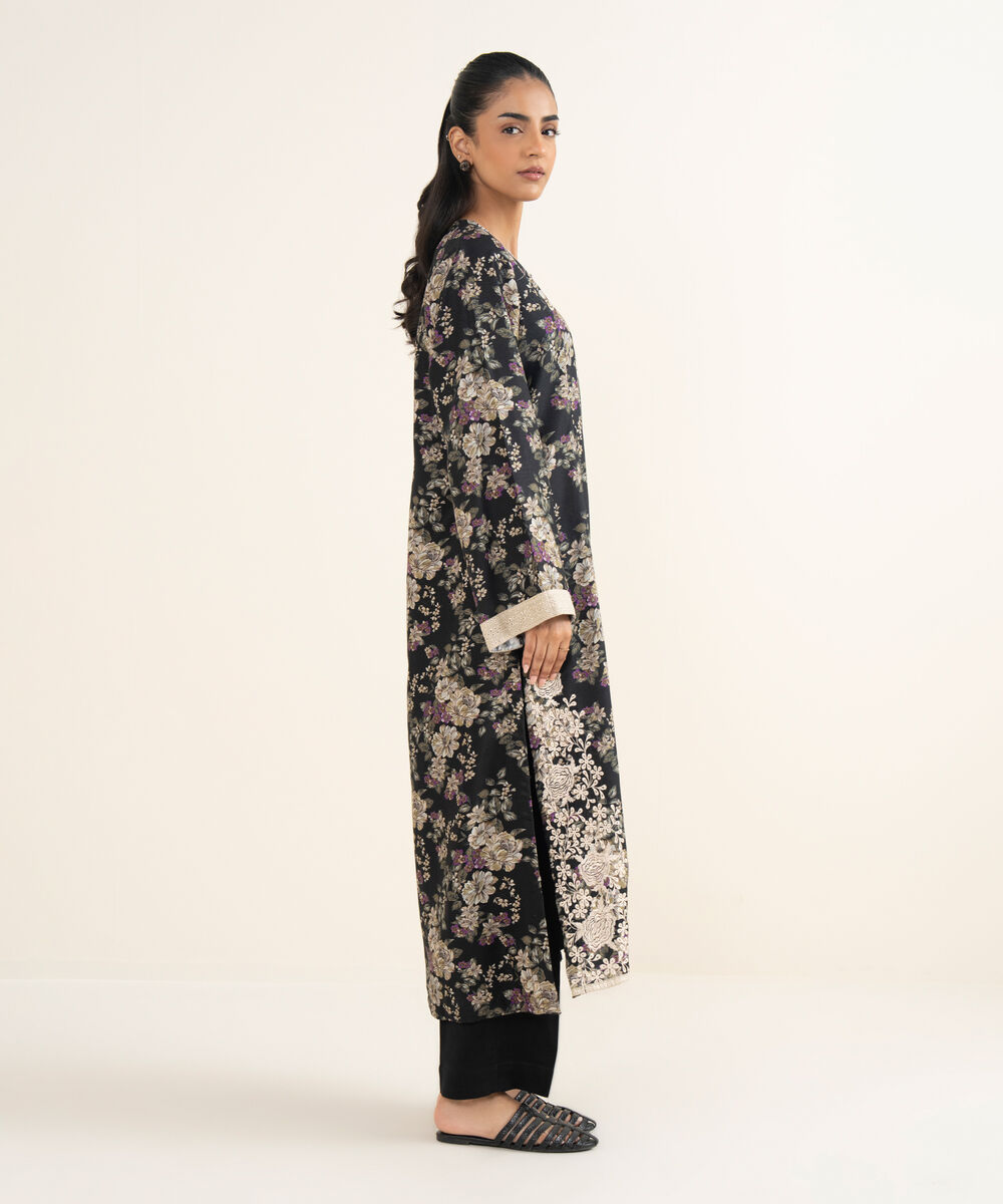 Women's RTW Herringbone Embroidered Black A-Line Shirt