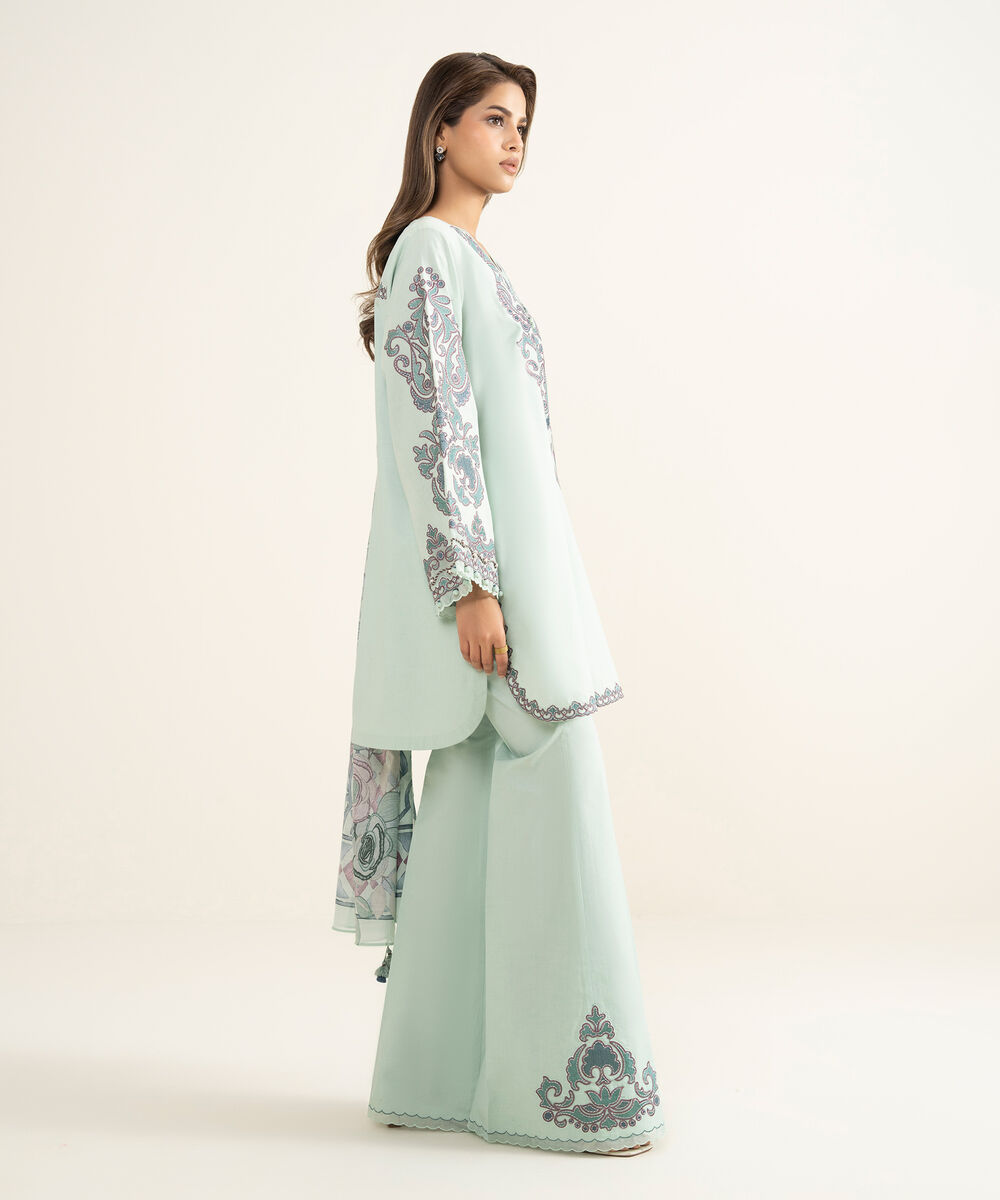 Women's Unstitched Textured Lawn Embroidered Blue 3 Piece Suit
