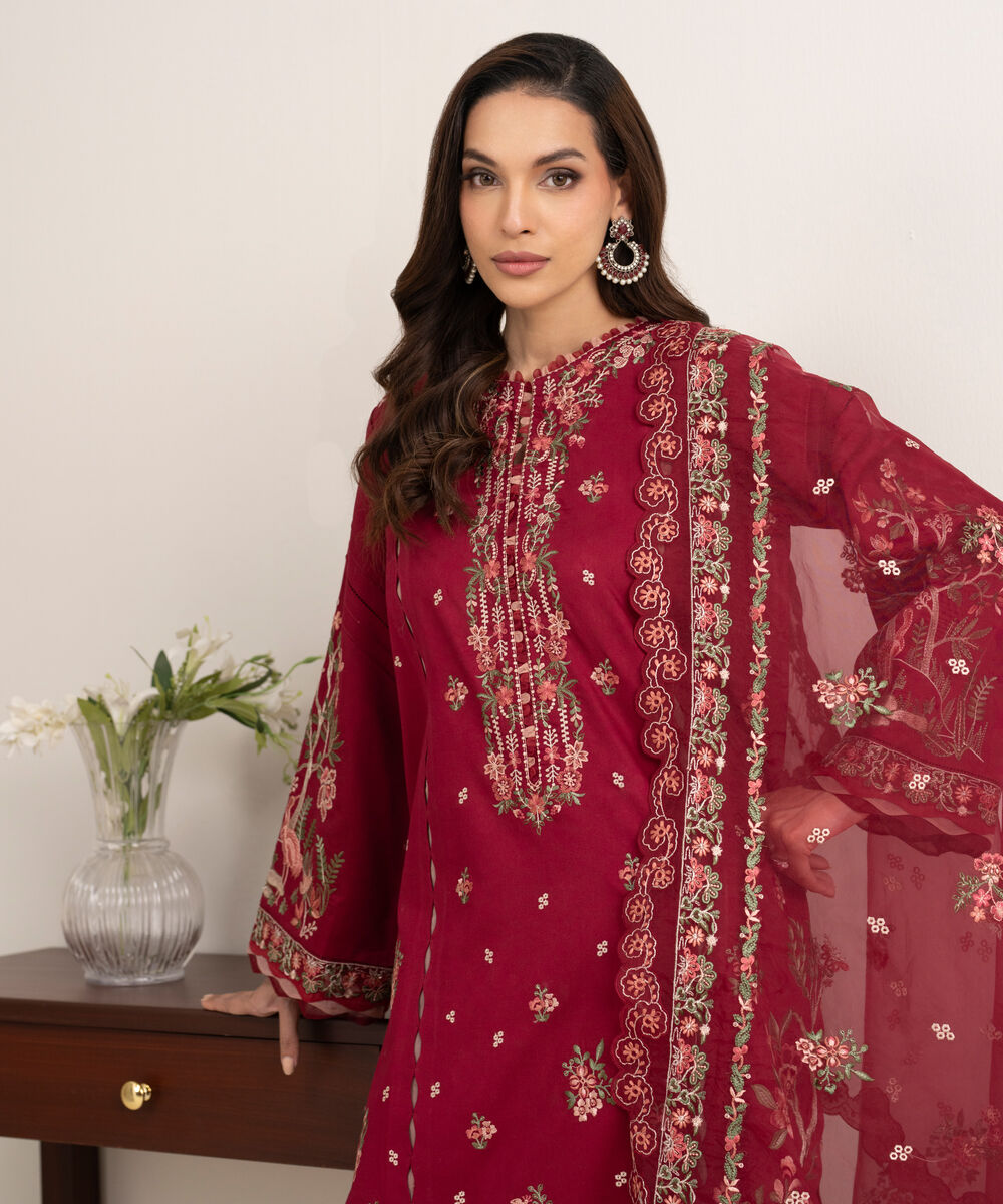 Women's Unstitched Fine Cotton Satin Embroidered Red  3 Piece Suit