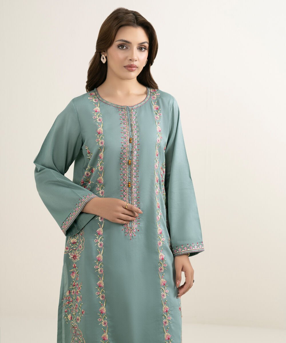 Women's RTW Dobby Embroidered Sage Green A-Line Shirt