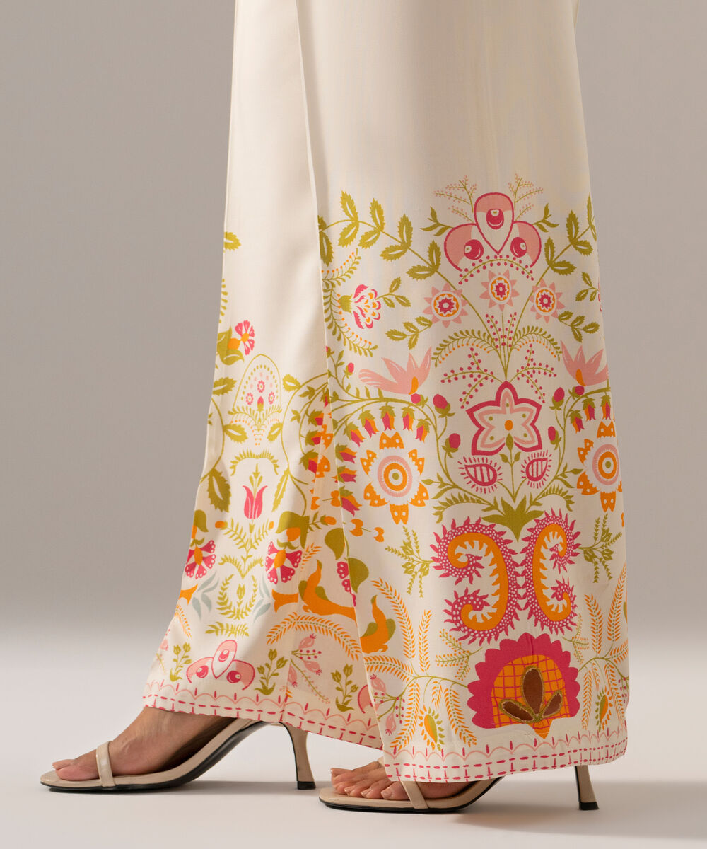 Women's RTW Arabic Cambric Printed Off White Straight Pants