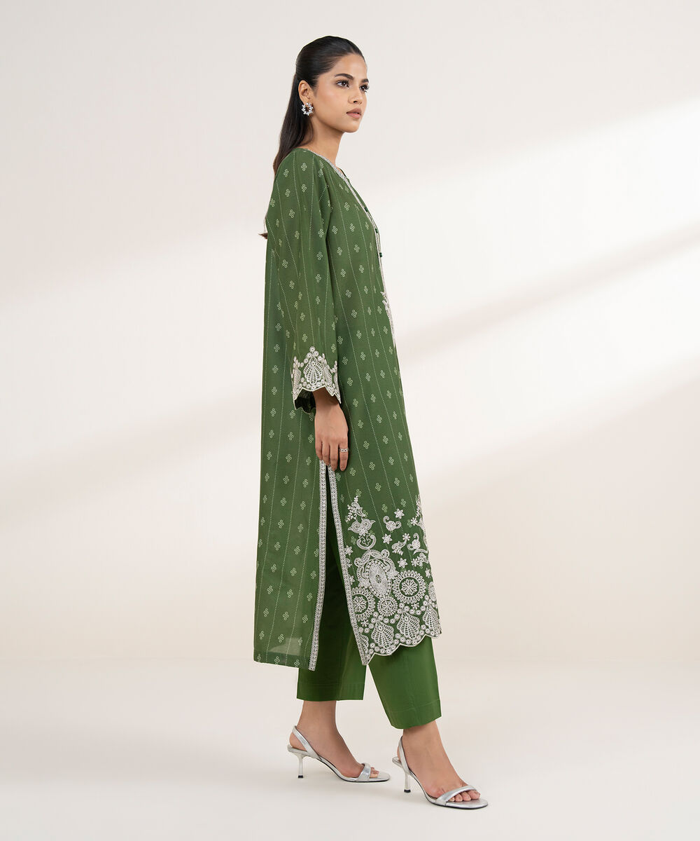 Women's RTW Lawn Green Embroidered A-Line Shirt