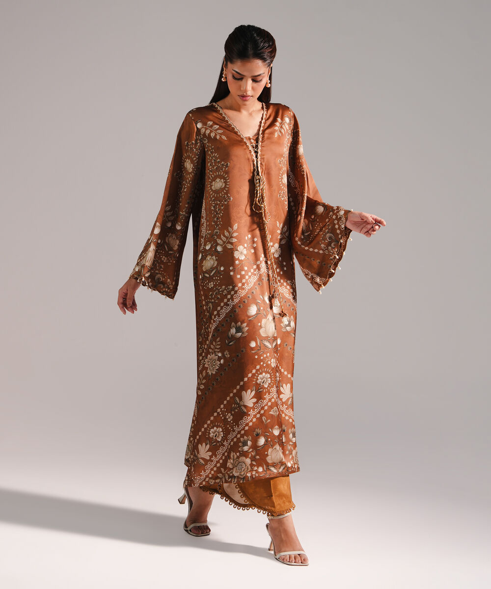 Women's RTW Blended Satin Printed Brown 2 Piece Suit