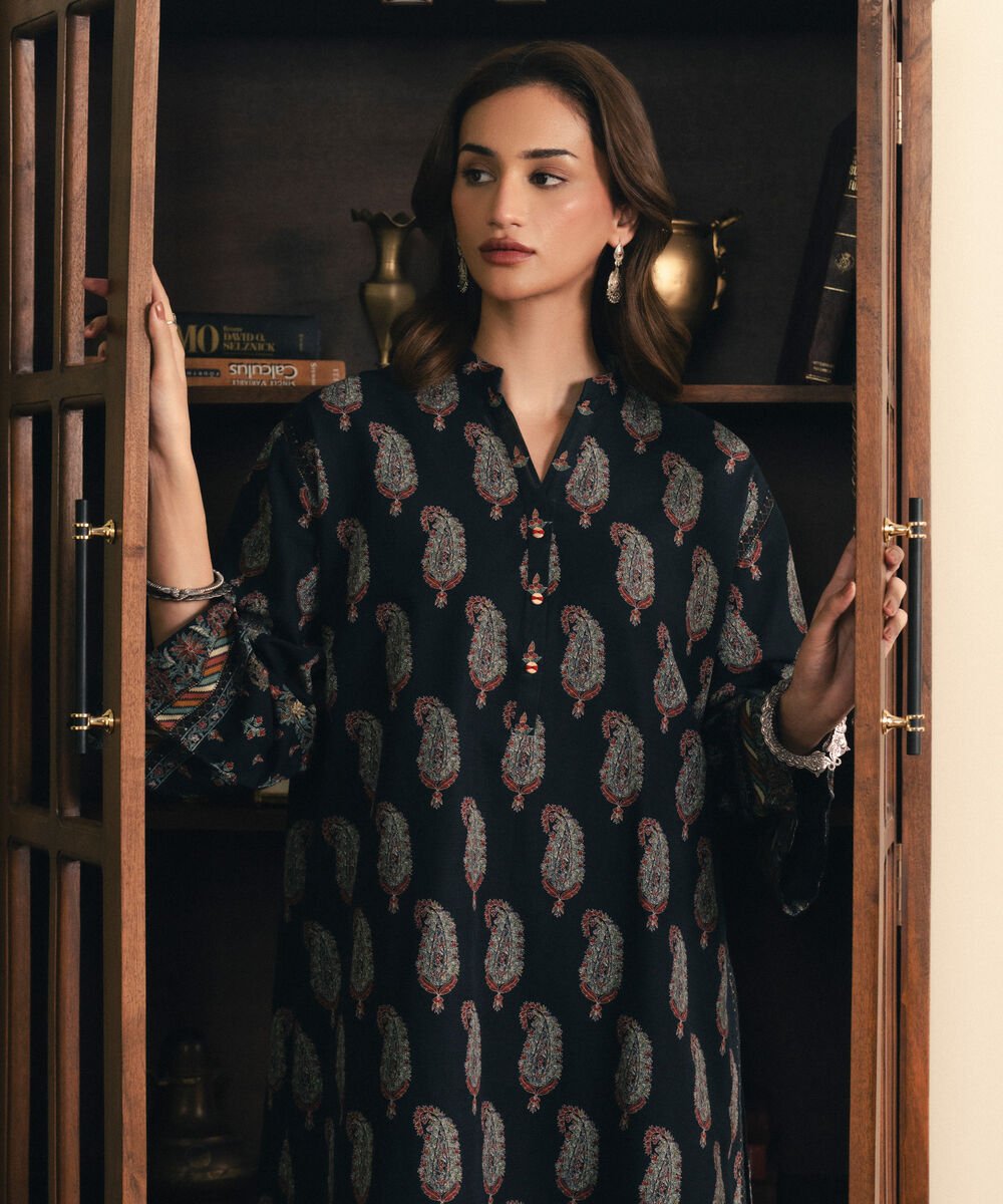 Women's Unstitched Light Khaddar Printed Black 2 Piece Suit