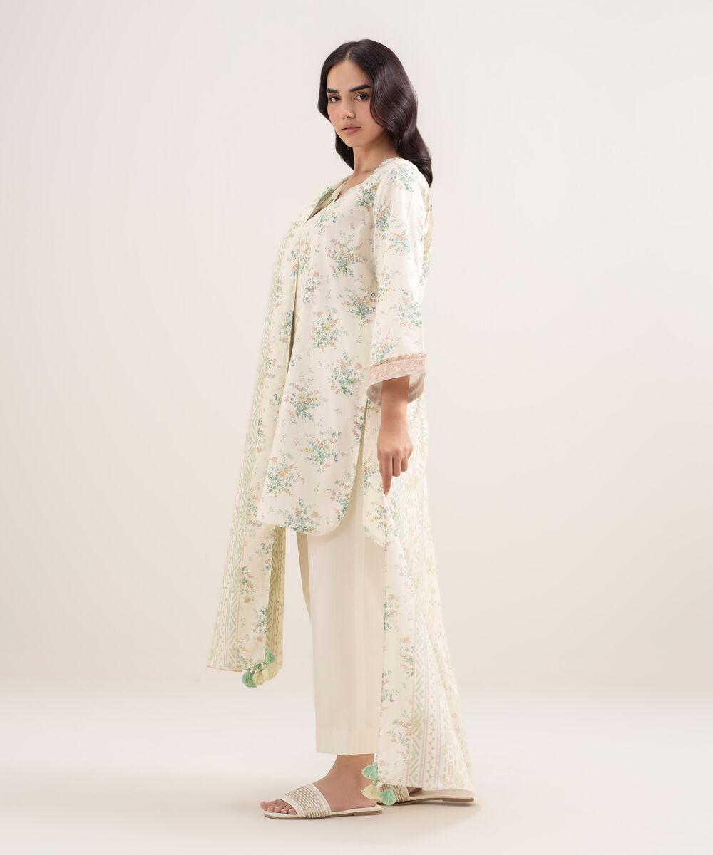 Women's Unstitched Lawn Printed Off White 3 Piece Suit