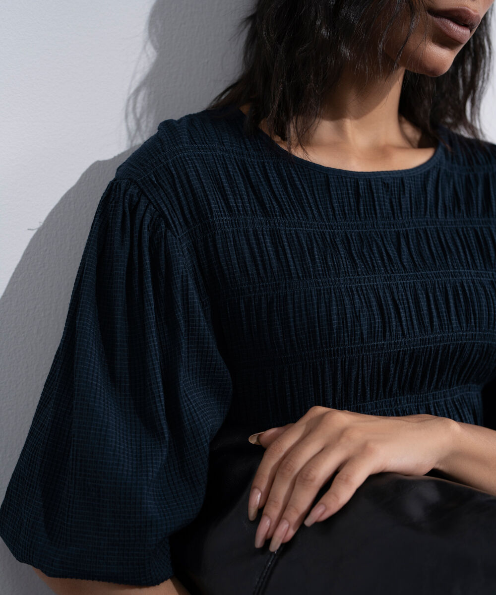 Women's Blue  Smocked Seersucker Dress