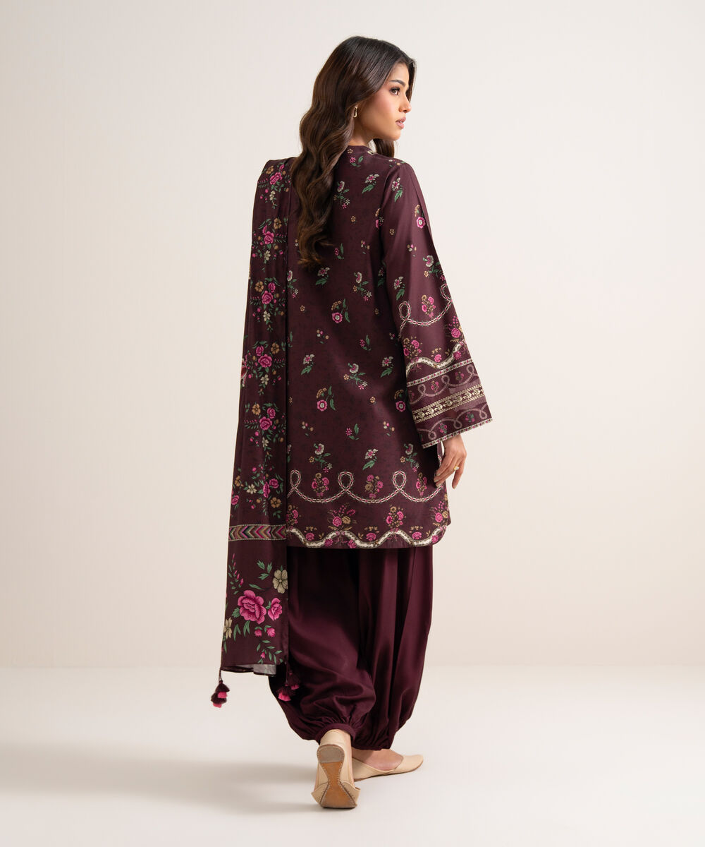 Women's Unstitched Printed Cotton Viscose Maroon 3 Piece Suit